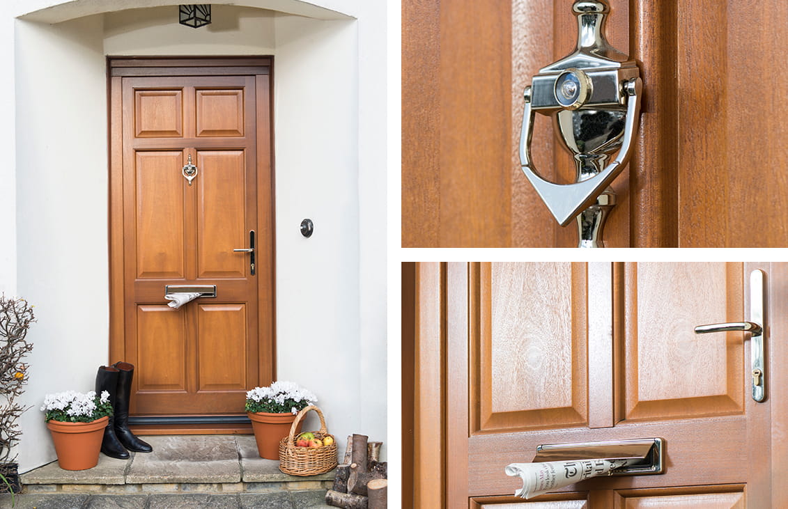 Everest conservatory wooden door with a metal door knocker and letterbox