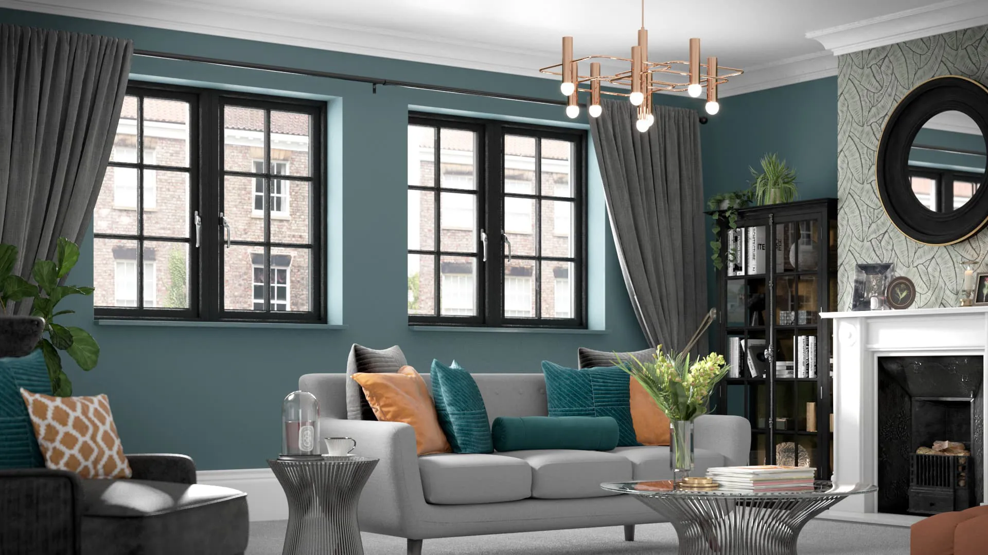 Everest conservatory living room with grey sofa teal cushions and black windows