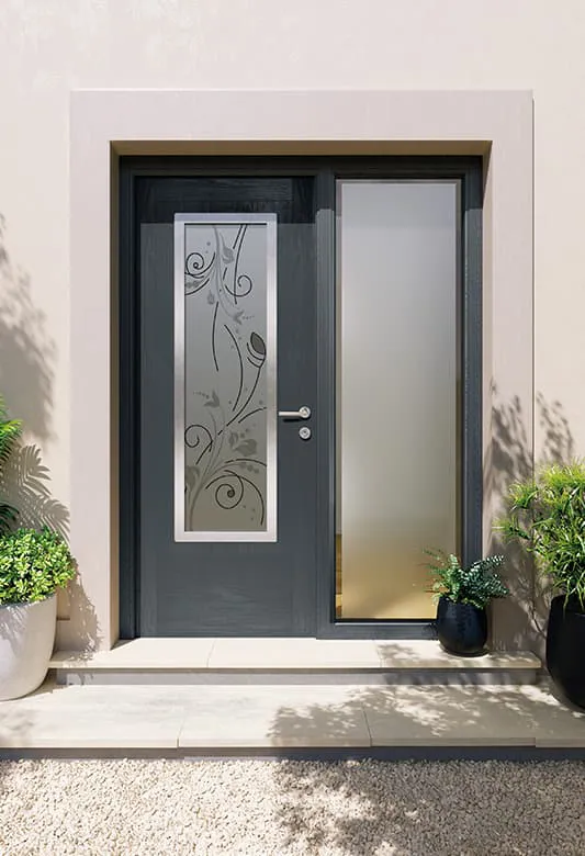 Dark gray Everest conservatory door with decorative frosted glass
