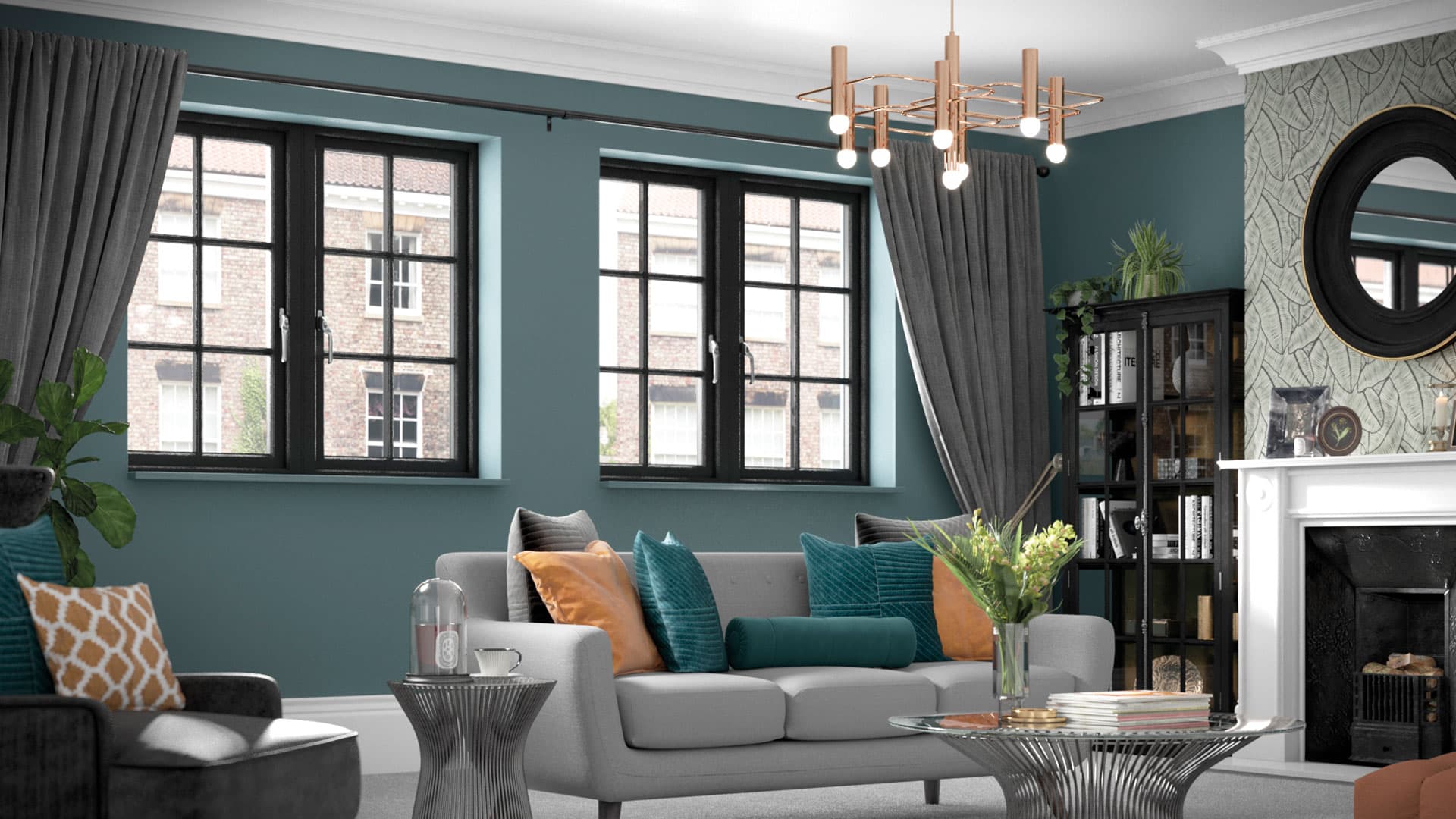 Everest conservatory living room with black windows teal walls and gray sofa