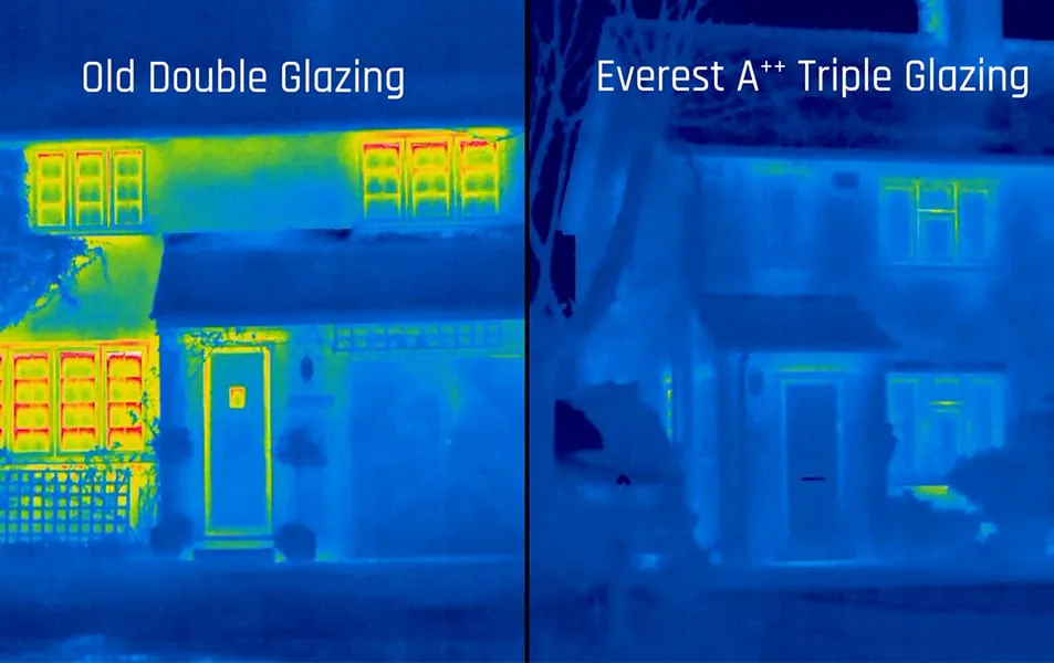 Thermal image comparing old double glazing and Everest A++ triple glazing