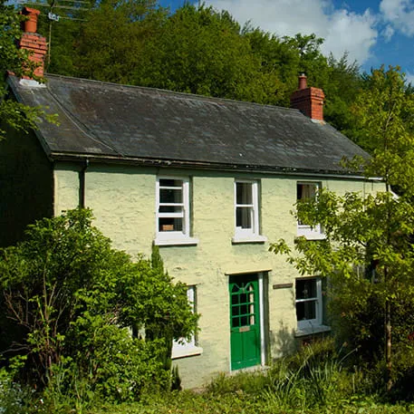 Light green stone house with green door and white windows