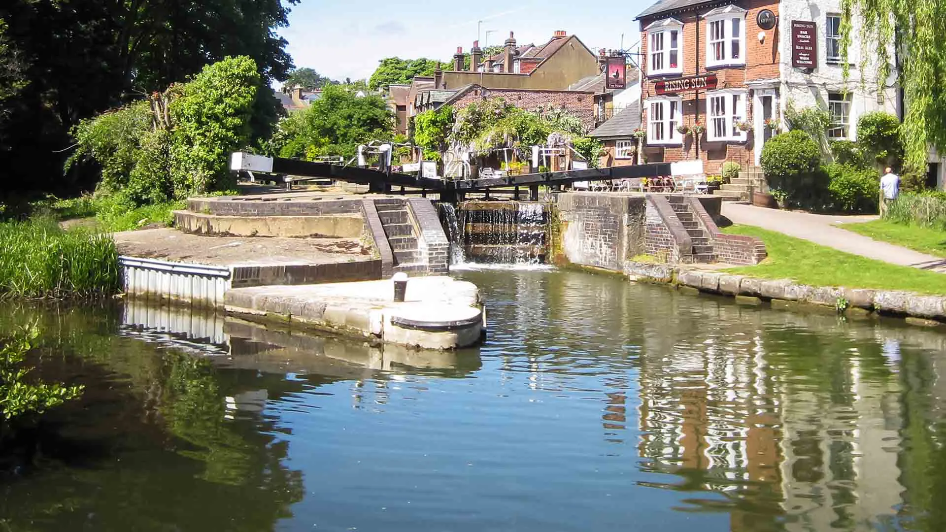 Canal lock with water cascading down steps