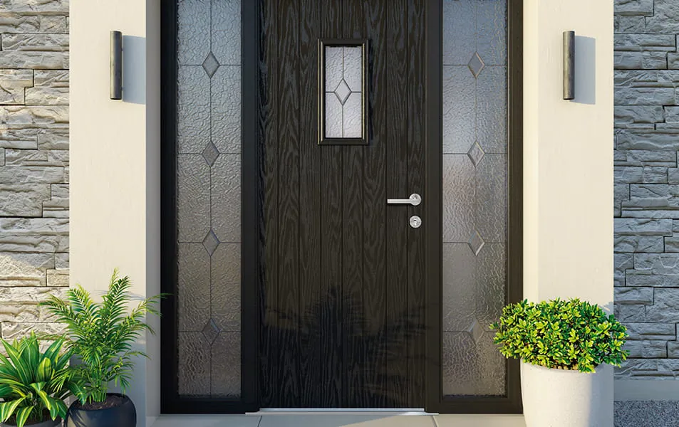 Dark wood exterior Everest door with leaded glass panels
