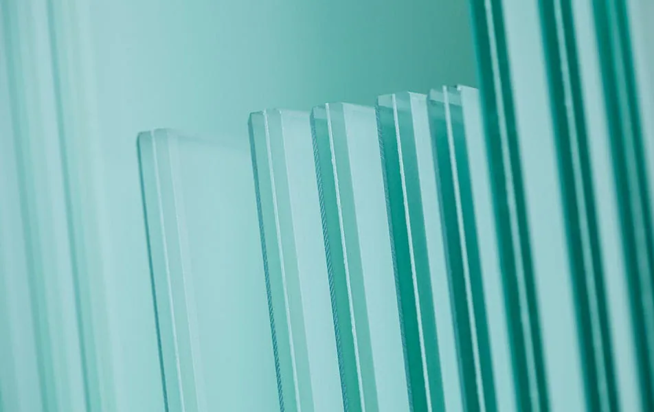Stacked light teal glass panels