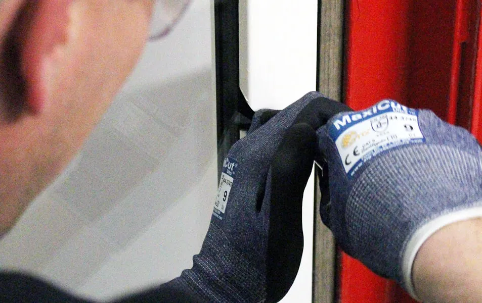 Person wearing blue protective work gloves