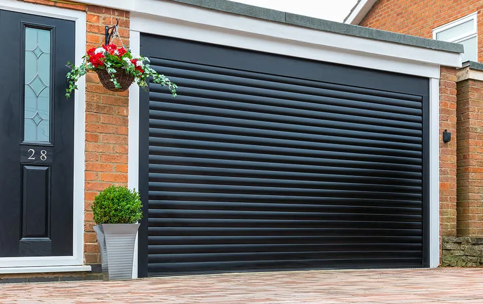 Black garage door with horizontal slats