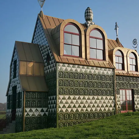 Everest building with patterned green and white tiles