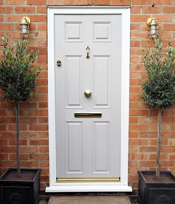 Light gray Everest conservatory door with gold hardware