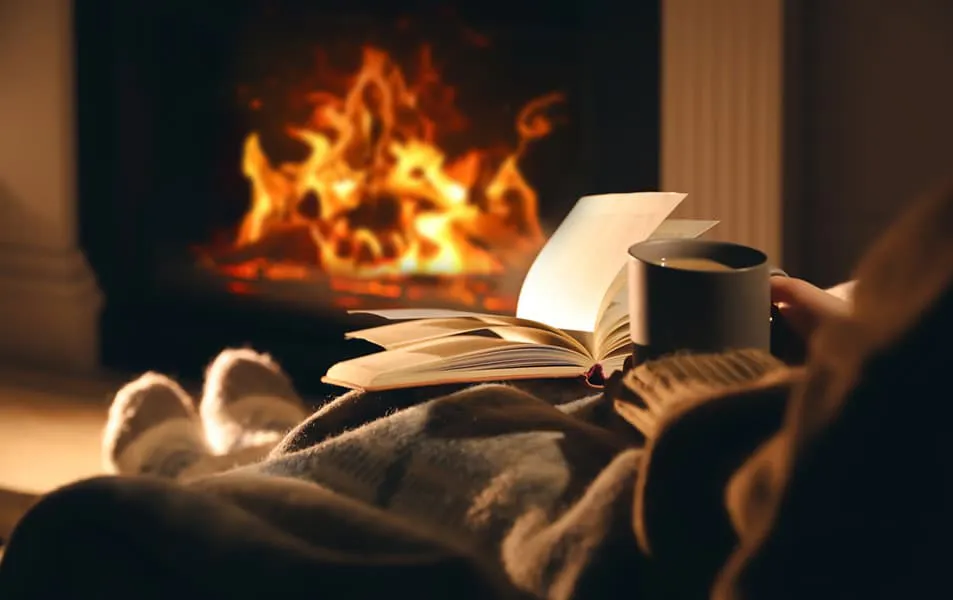 Cozy reading near fireplace with book and coffee cup
