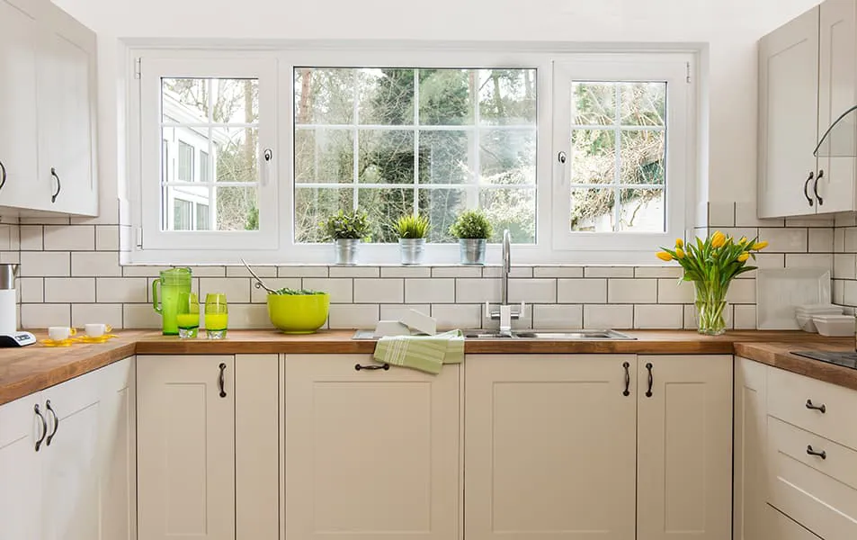 White window with plants and yellow tulips in a kitchen