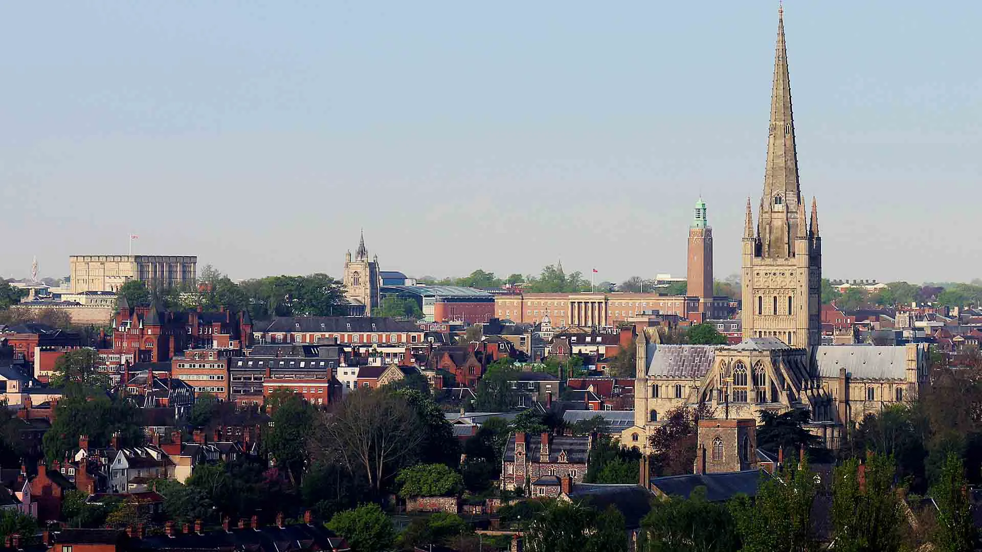 Cityscape view of historic buildings and cathedral