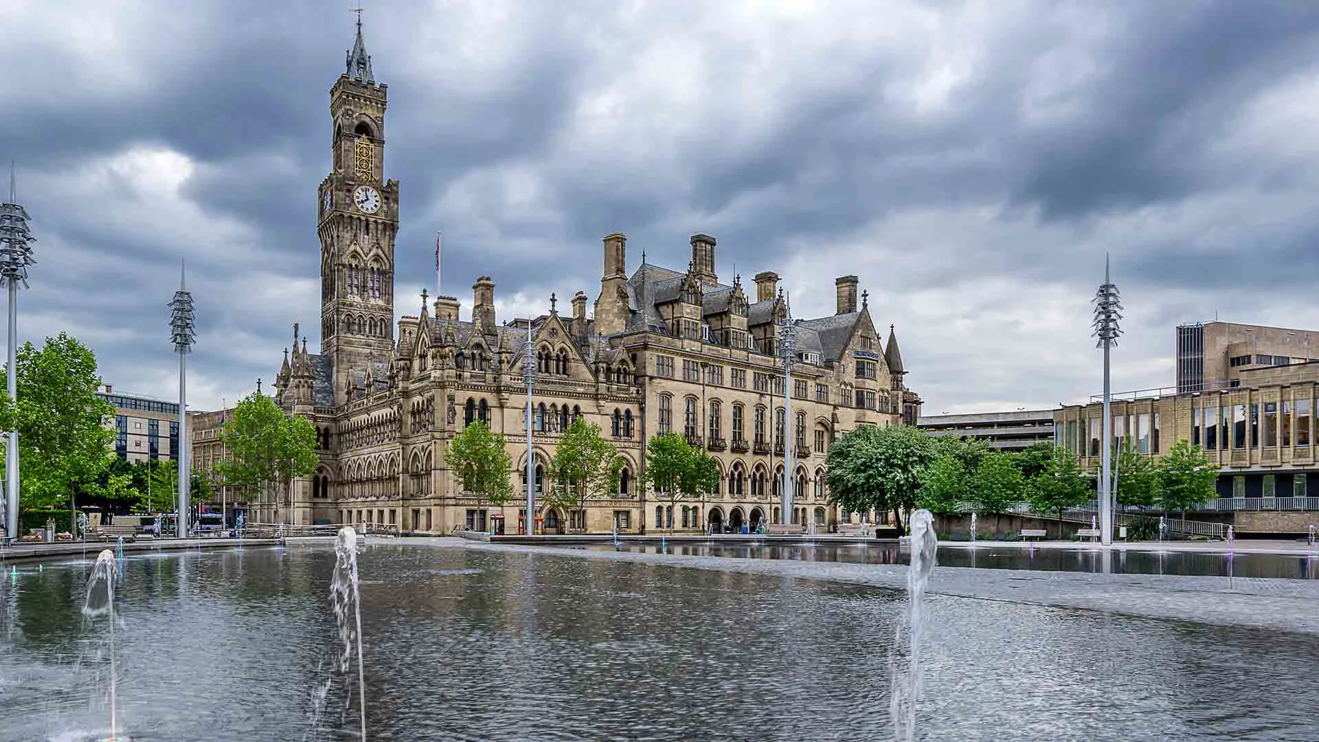 Historic building with fountains in city square