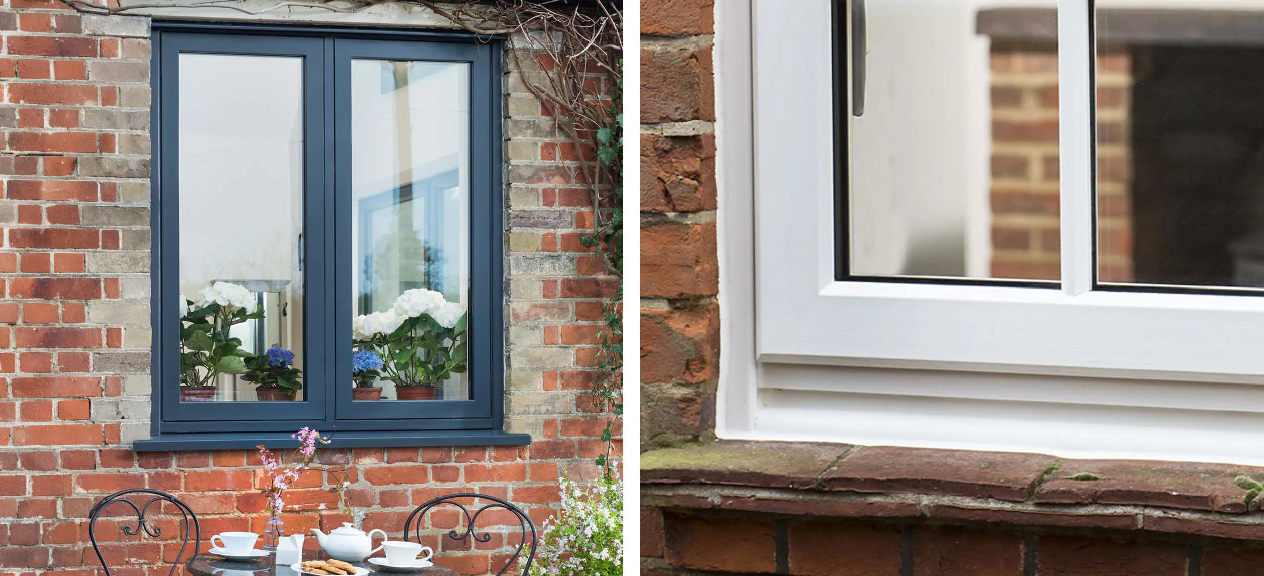Comparison image of Anthracite grey casement window vs a white uPVC flush window