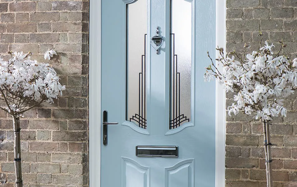 Light blue Everest front door with decorative glass panels