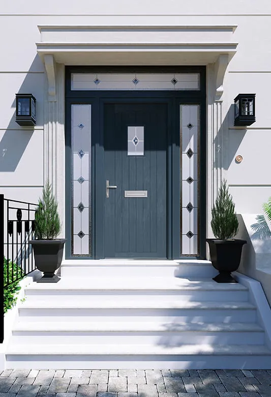 Everest conservatory front door with grey panels and decorative glass