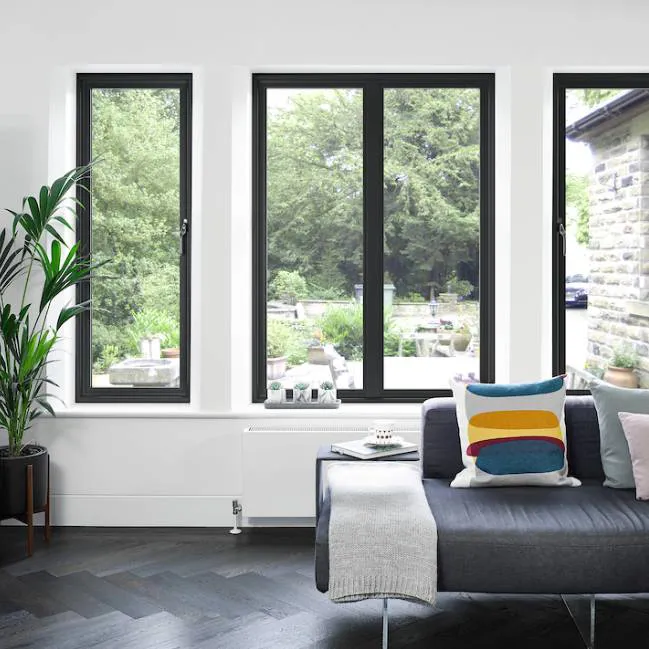 Black framed windows in a room with a view