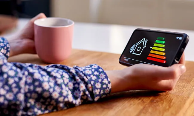 Smartphone displaying energy efficiency ratings for Everest conservatory