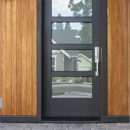 Modern black exterior door with glass panels and wood siding