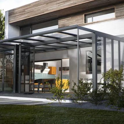 Everest conservatory with grey frame and glass panels