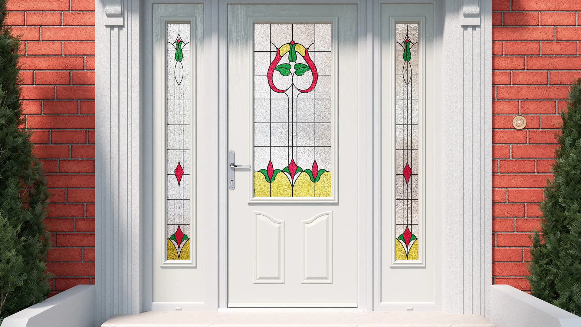 White door with stained glass design