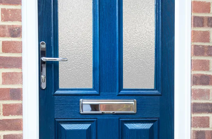 Everest blue door with frosted glass and a silver letterbox