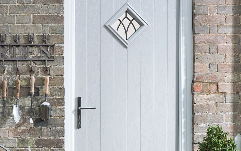 Light gray Everest conservatory door with diamond window