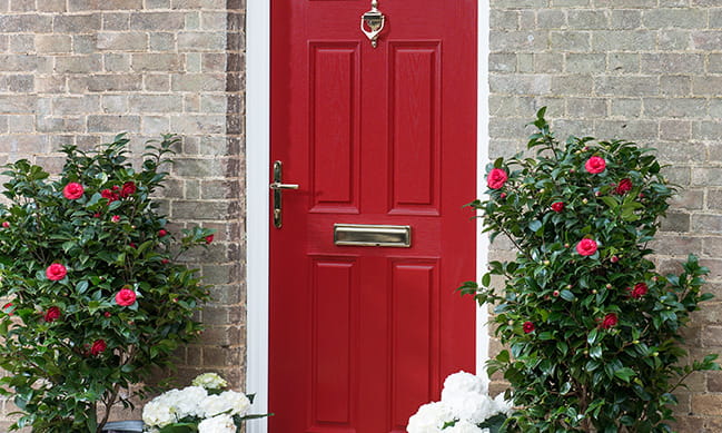 Red door with plants and white flowers