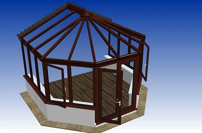 Everest conservatory with dark brown wood frame and glass