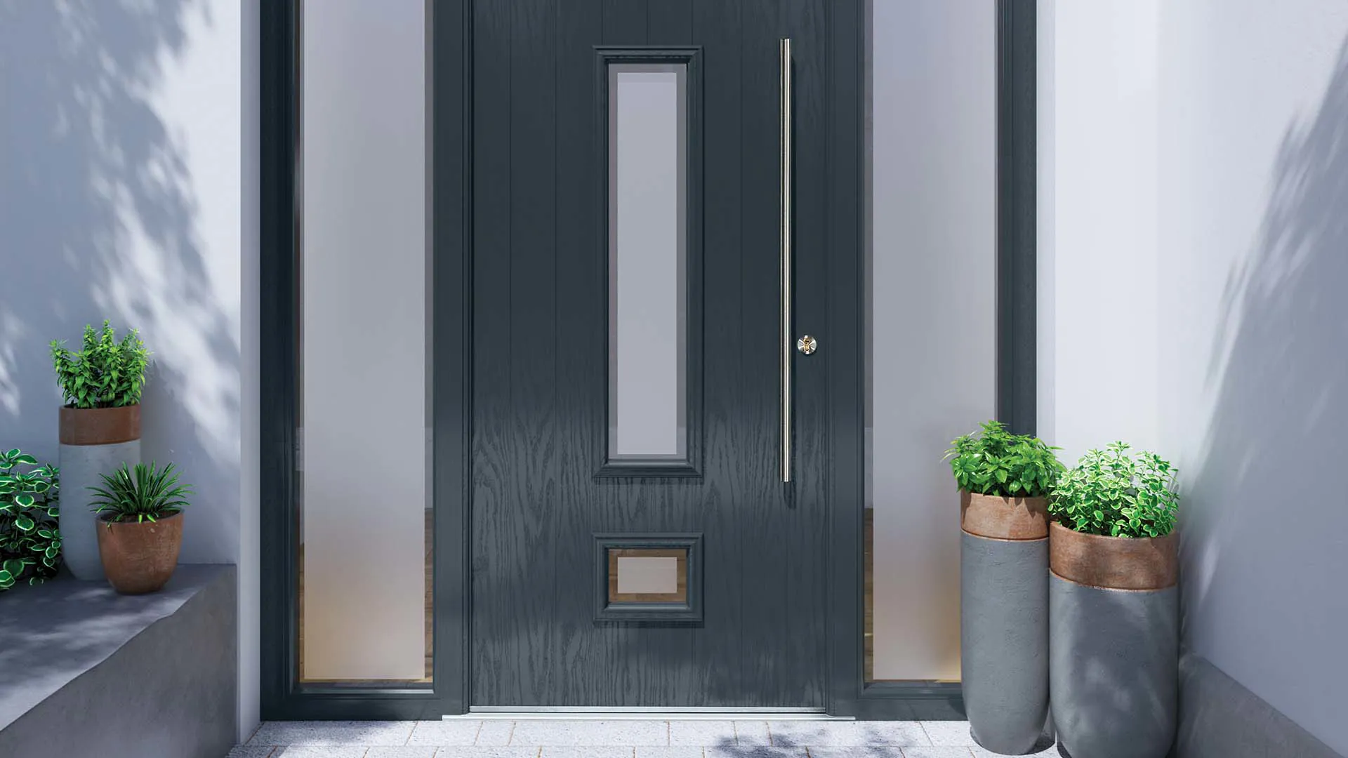 Everest dark gray door with wood grain detail and sidelights