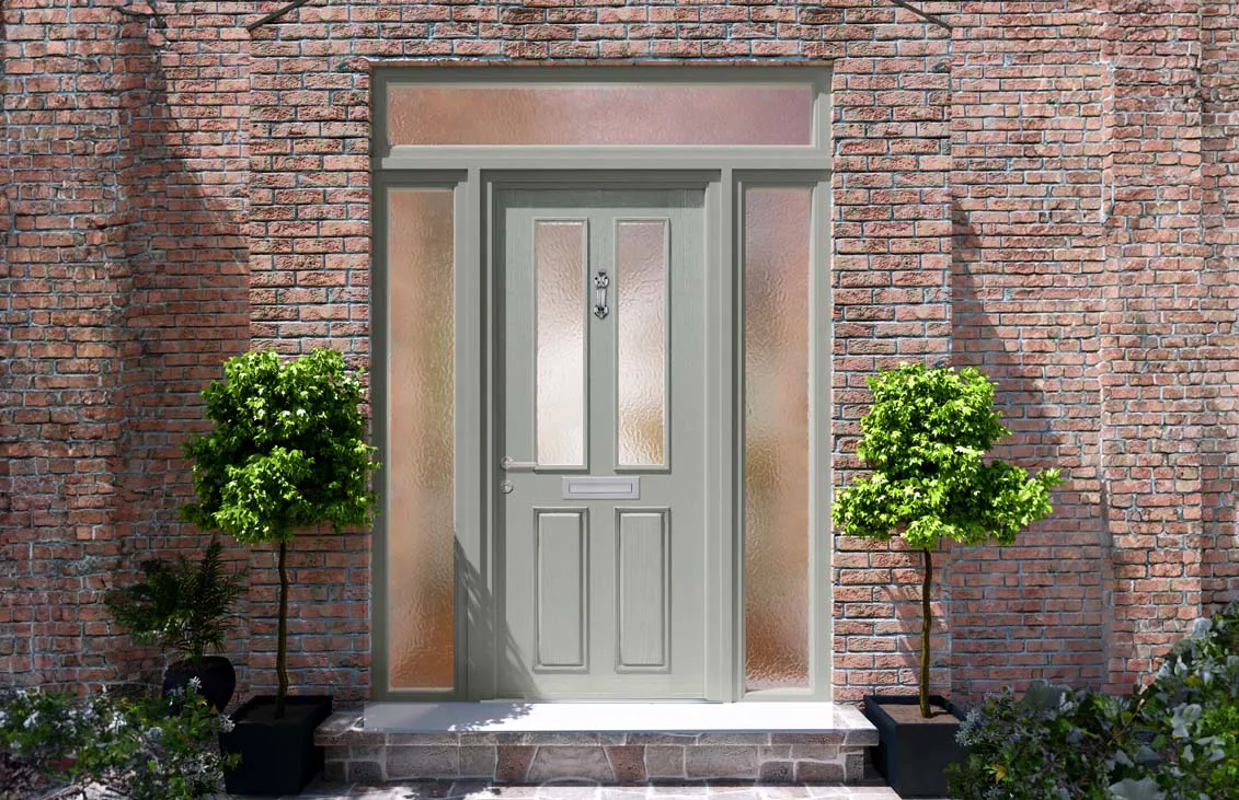 Grey Everest conservatory door with brick wall and plants