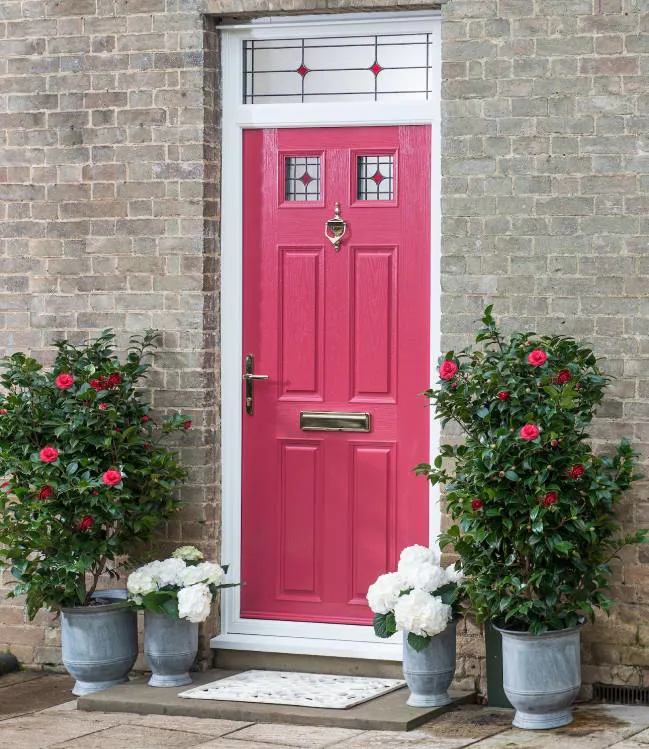 Pink door with white trim and plants