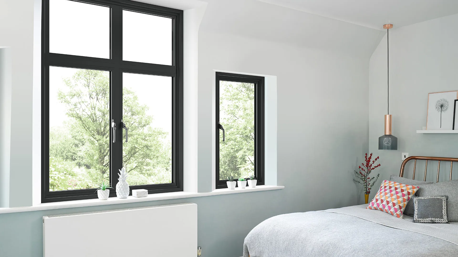 Everest black window frames in a light gray room