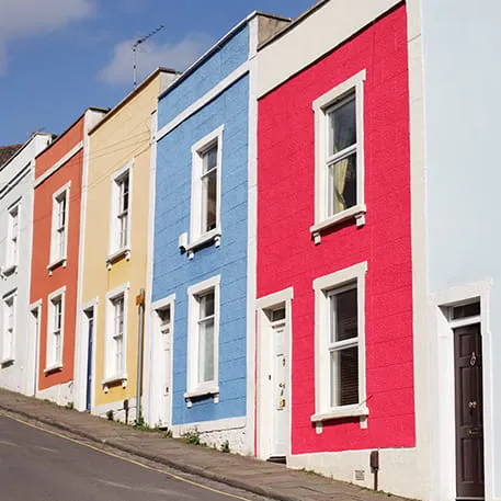 Colorful houses in a row with bright exteriors