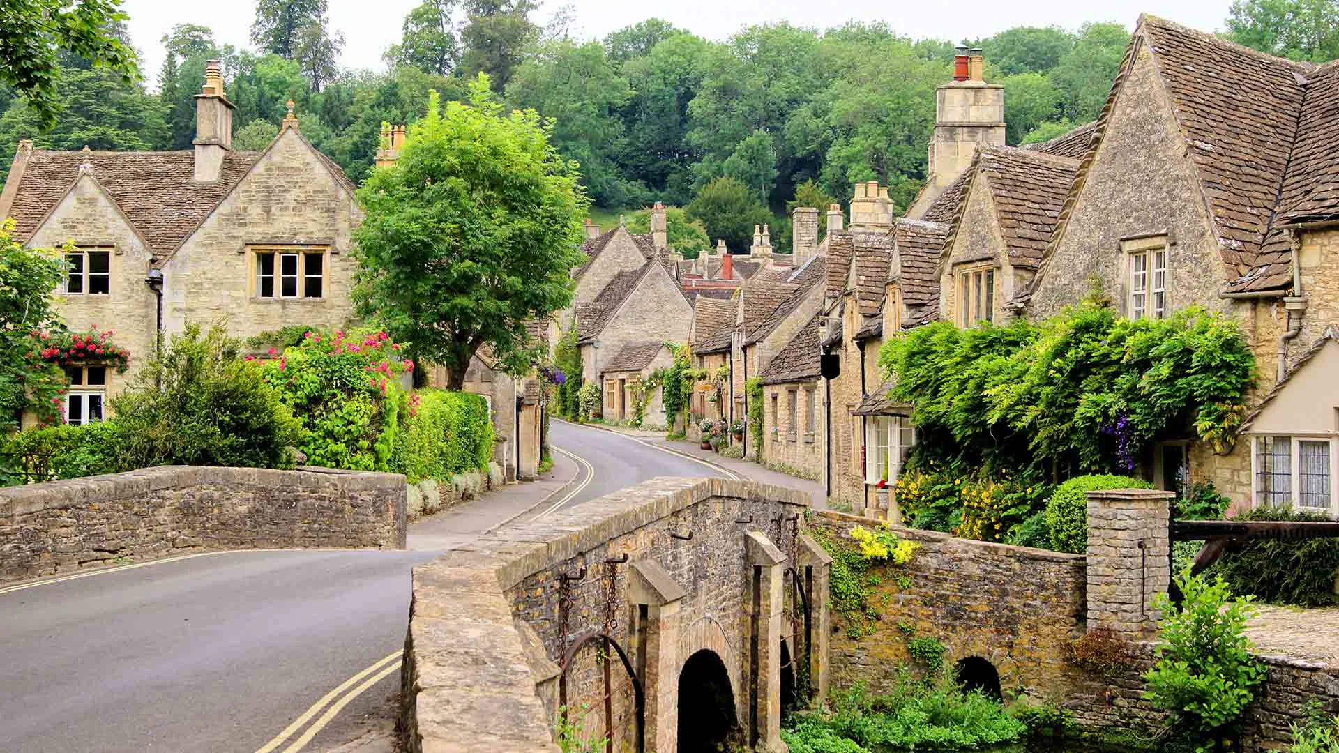 Quaint stone houses and a bridge in a village