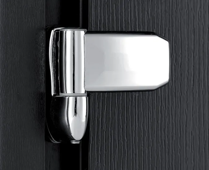 Chrome door hinge on black door