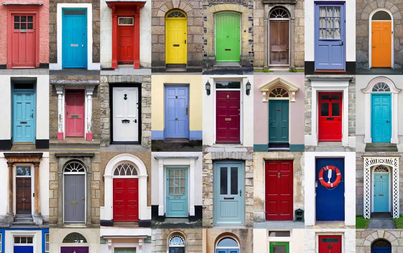 Variety of colorful doors on different houses