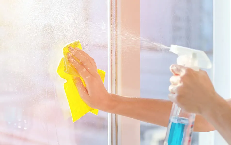Cleaning window with yellow cloth and spray bottle