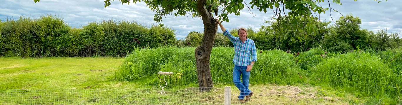 Man standing by tree in garden with green grass and hedges