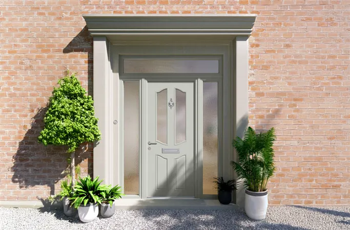 Light gray Everest conservatory door with frosted glass and plants